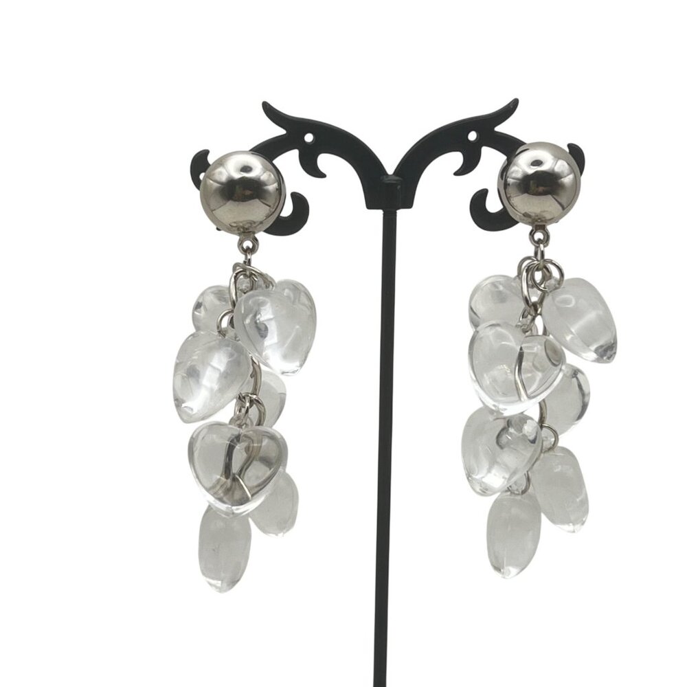 Vintage Clear Lucite Earrings Puffy Heart Silver-Tone Dangling 3" Y2K Statement - Picture 2 of 8